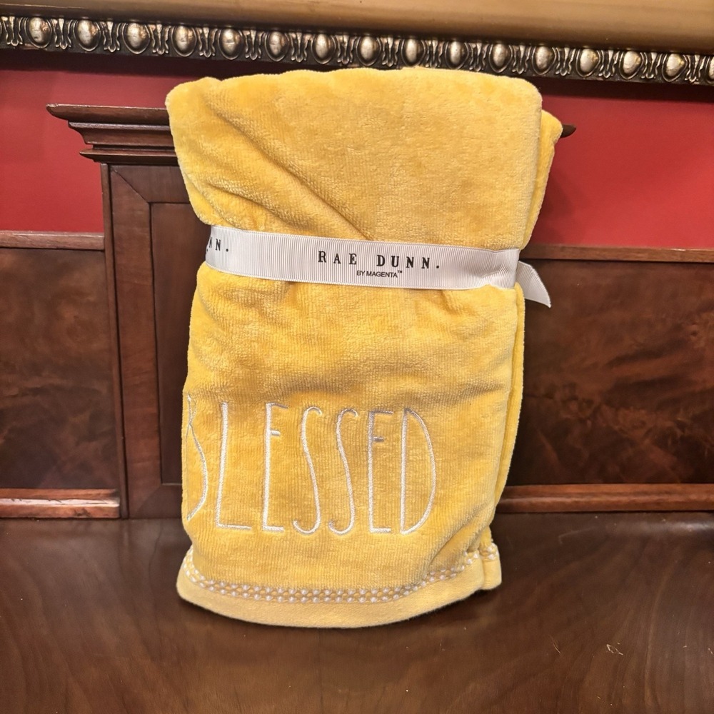Rae Dunn Blessed Hand Towels Set of 2 Yellow 16x30 Embroidered NWT